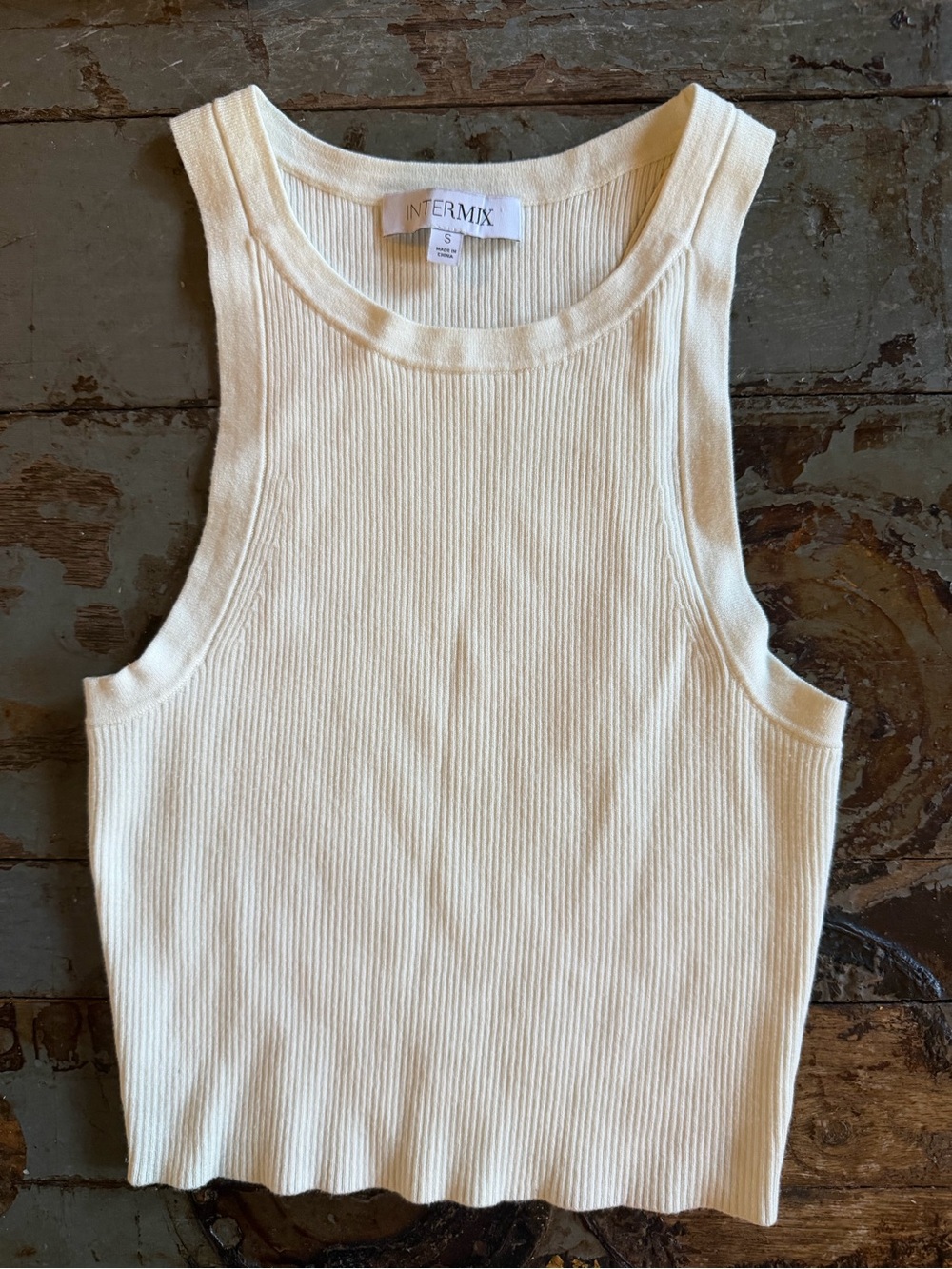 INTERMIX Cream Fitted Ribbed Crop Tank Top